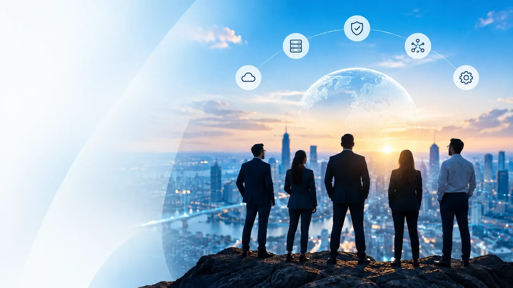 SNTecX team looking out over a city skyline at sunrise